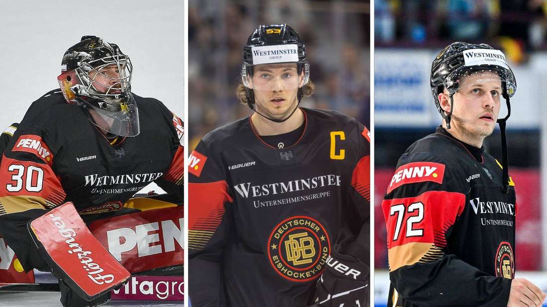 Philipp Grubauer, Kapitän Moritz Seider und Dominik Kahun (v.l.) sind die Gesichter des DEB-Kaders bei der WM 2026 in der Schweiz.